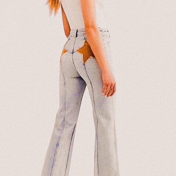 Free People Denim - Free People firecracker Light Blue Flare Jeans with mustard yellow Star
